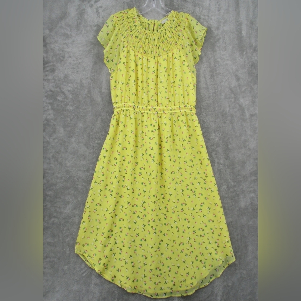 LOFT Yellow Floral Smocked Neck Cap-Sleeve Dress